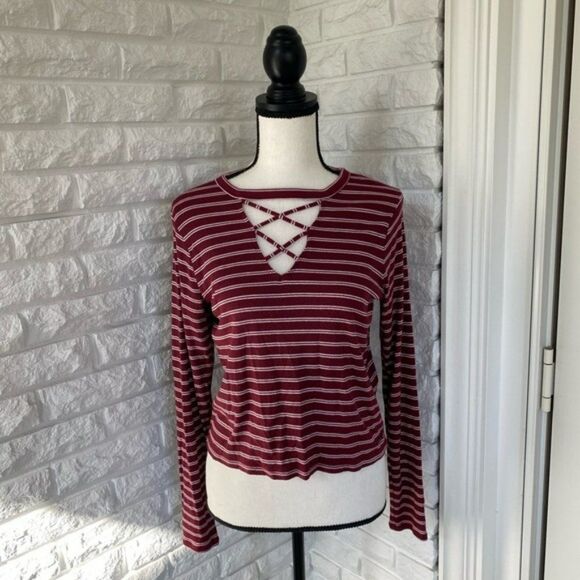 Red and White Striped Long Sleeve Top w/ Crisscross Detailing - Picture 1 of 4